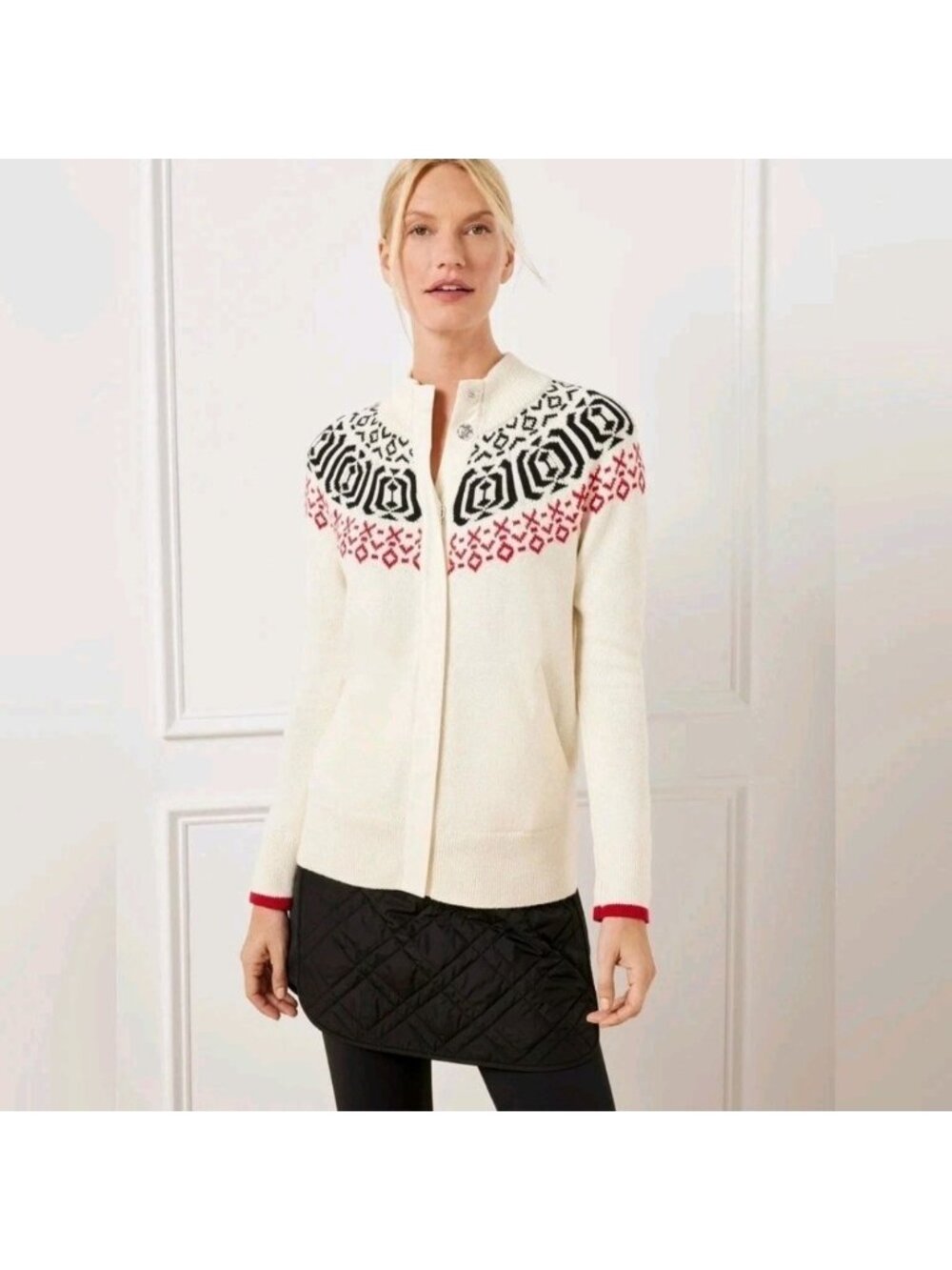 Talbots Snap Front Thermolite Sweater Jacket Cream Fair Isle Print Womens Large